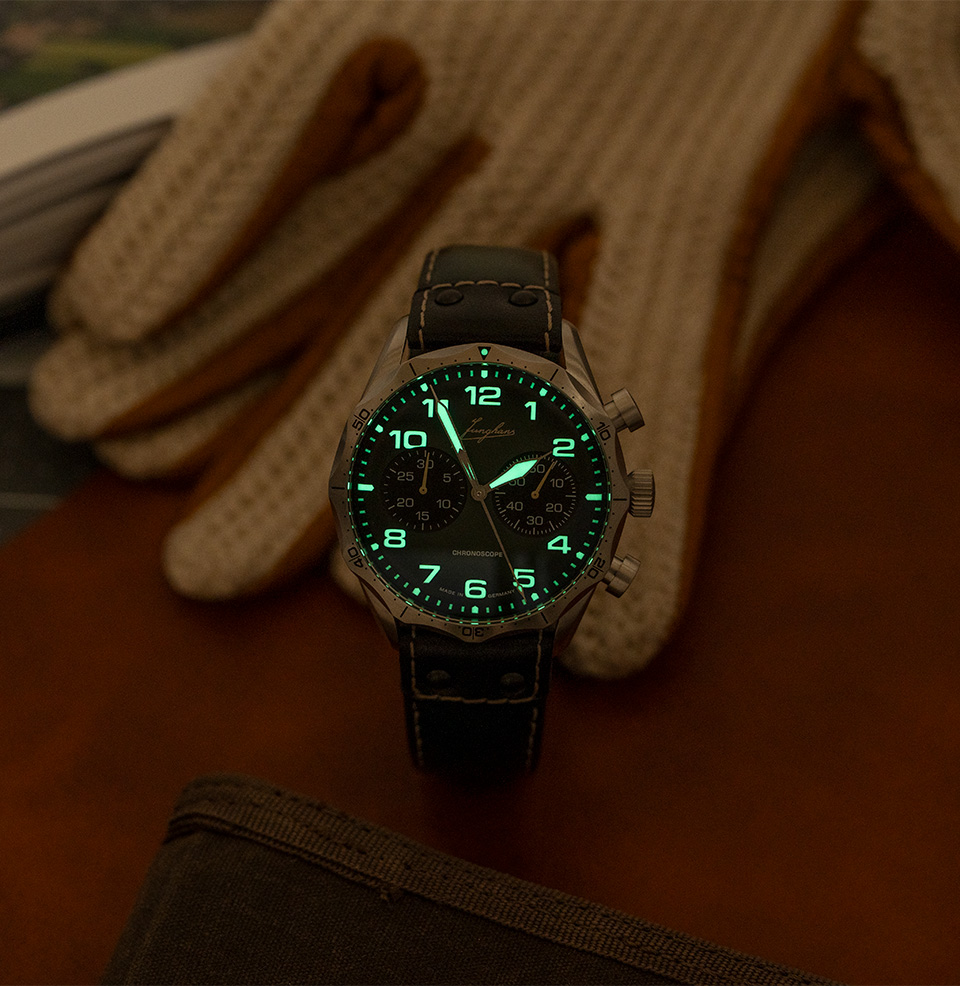 Meister Pilot Chronoscope Green lume on hands on dial