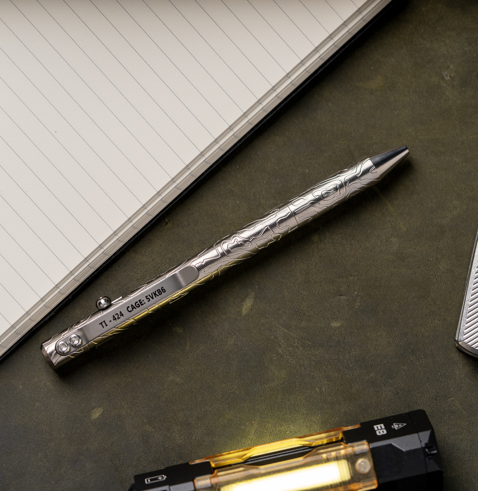 MaxMadCo Design Gen 3 Titanium Bolt Action Pen Topographic laser-engraved pattern