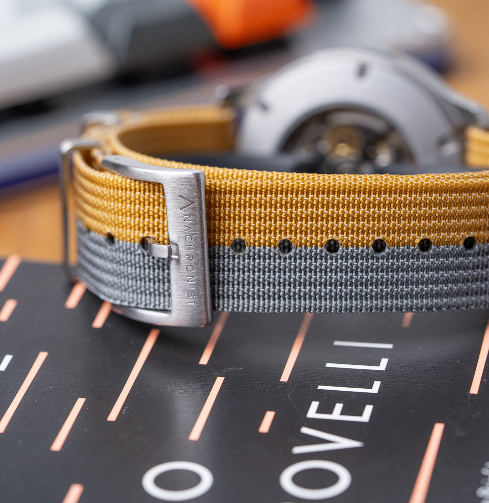 Mustard Grey Zero-Pass Ribbed Nylon Strap Signed Buckle