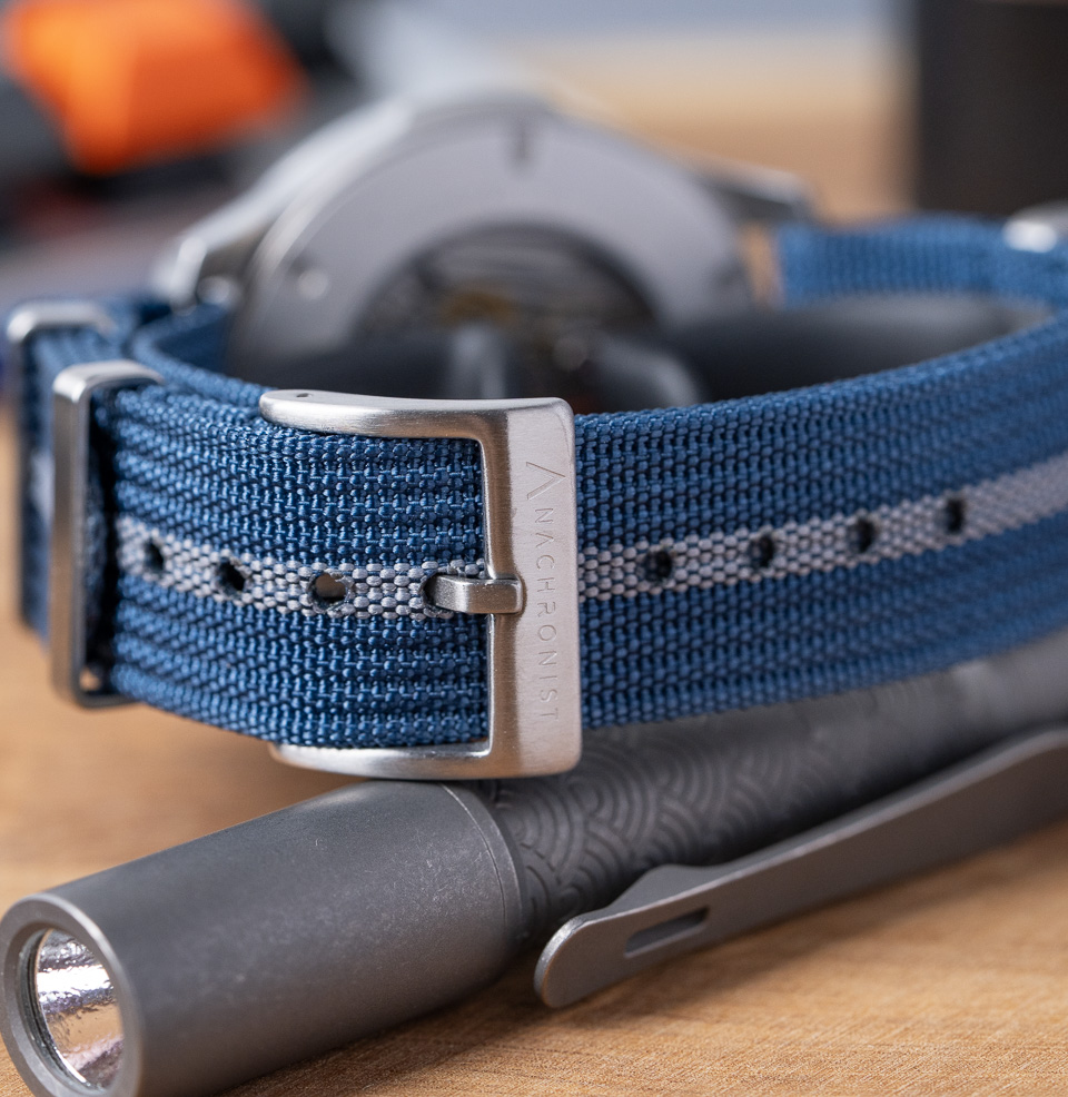 Blue Pinstripe Zero-Pass Ribbed Nylon Strap Signed Buckle