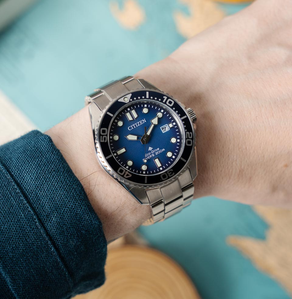 Promaster Dive Eco-Drive 41mm A 41mm case on a 7” wrist