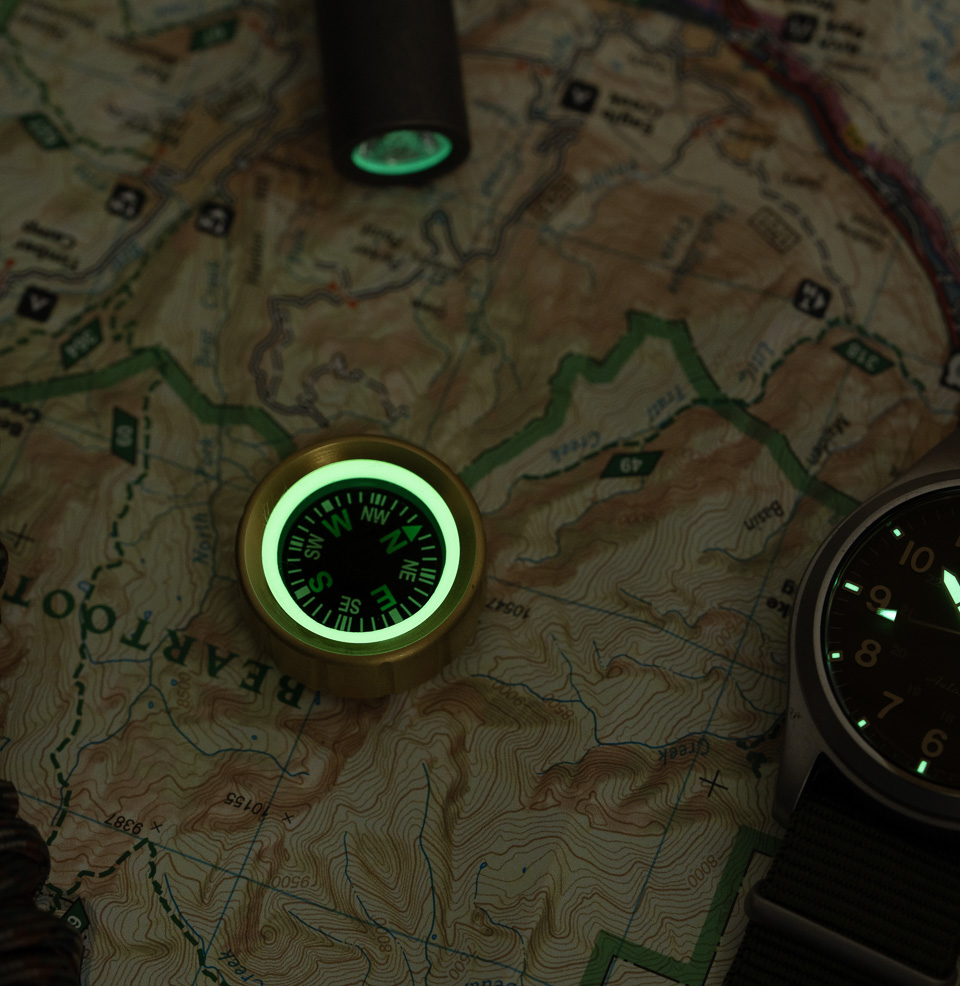 Brass-Trail Wrist Compass by Maratac® Glow in the dark retainer ring