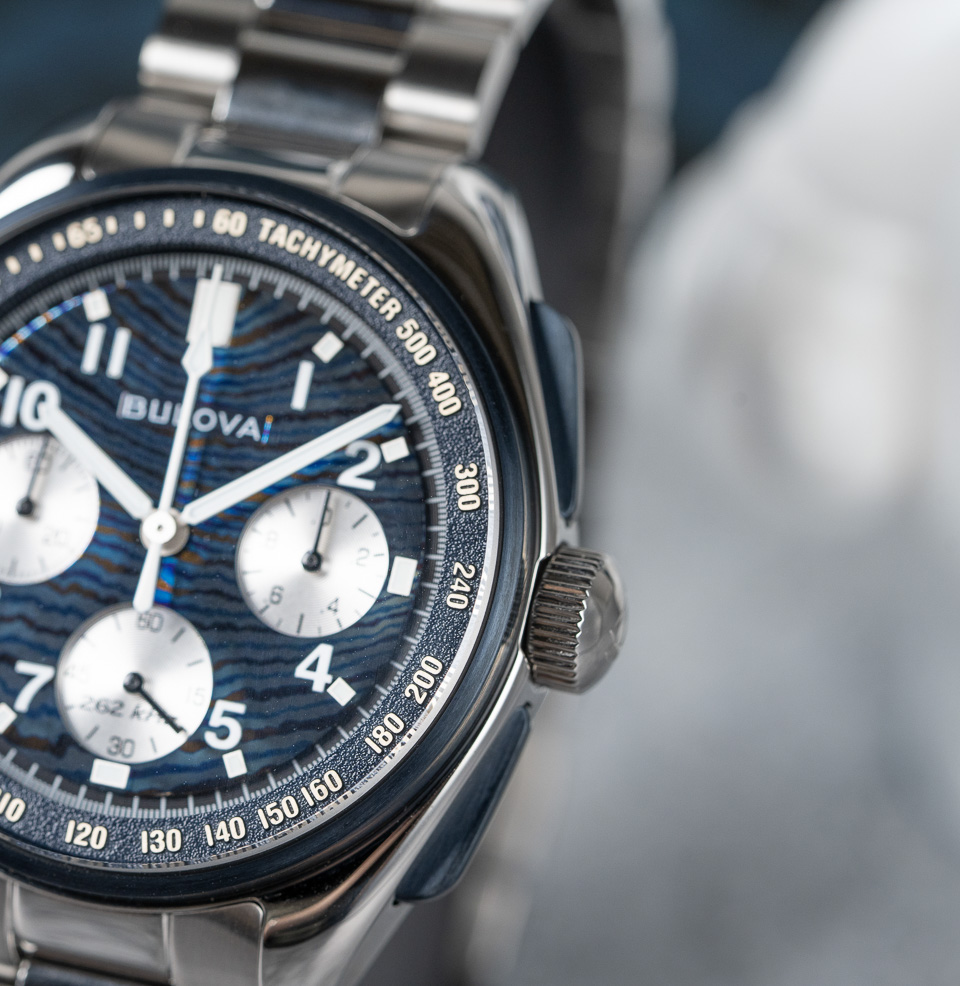 Bulova Lunar Pilot Timascus x Thiago Rosinhole Limited Edition Blue chronograph pushers and signed tuning fork crown