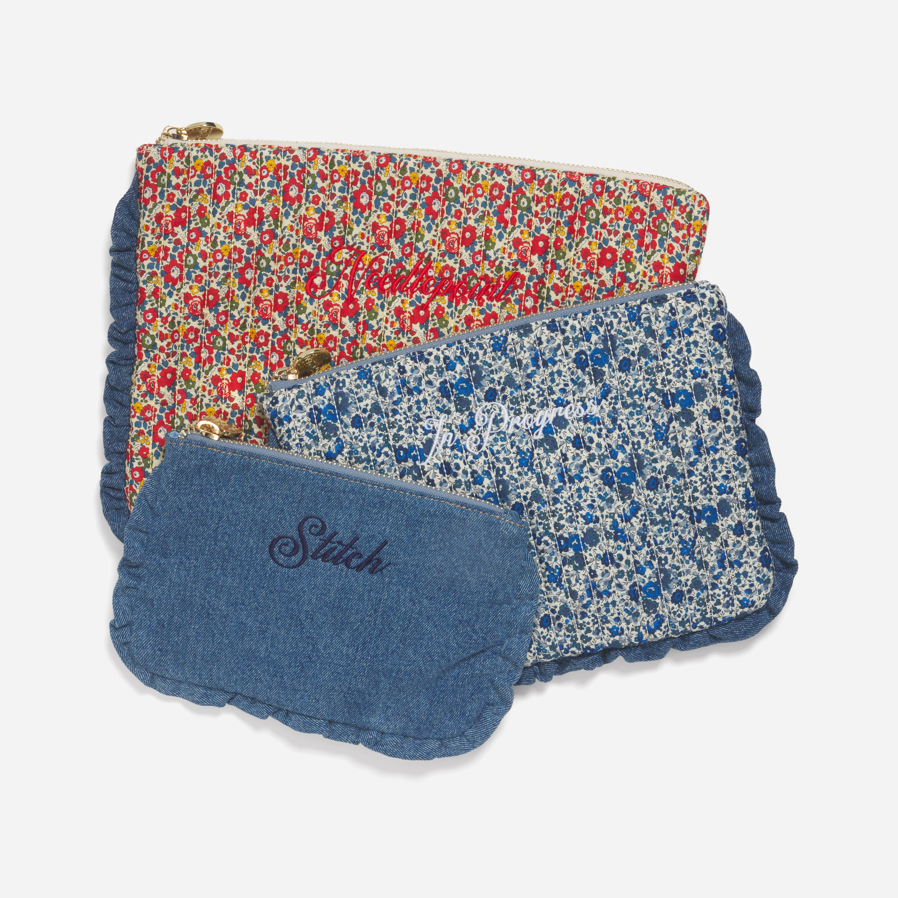Custom Embroidered Flat Pouch Set Made with Liberty Fabric