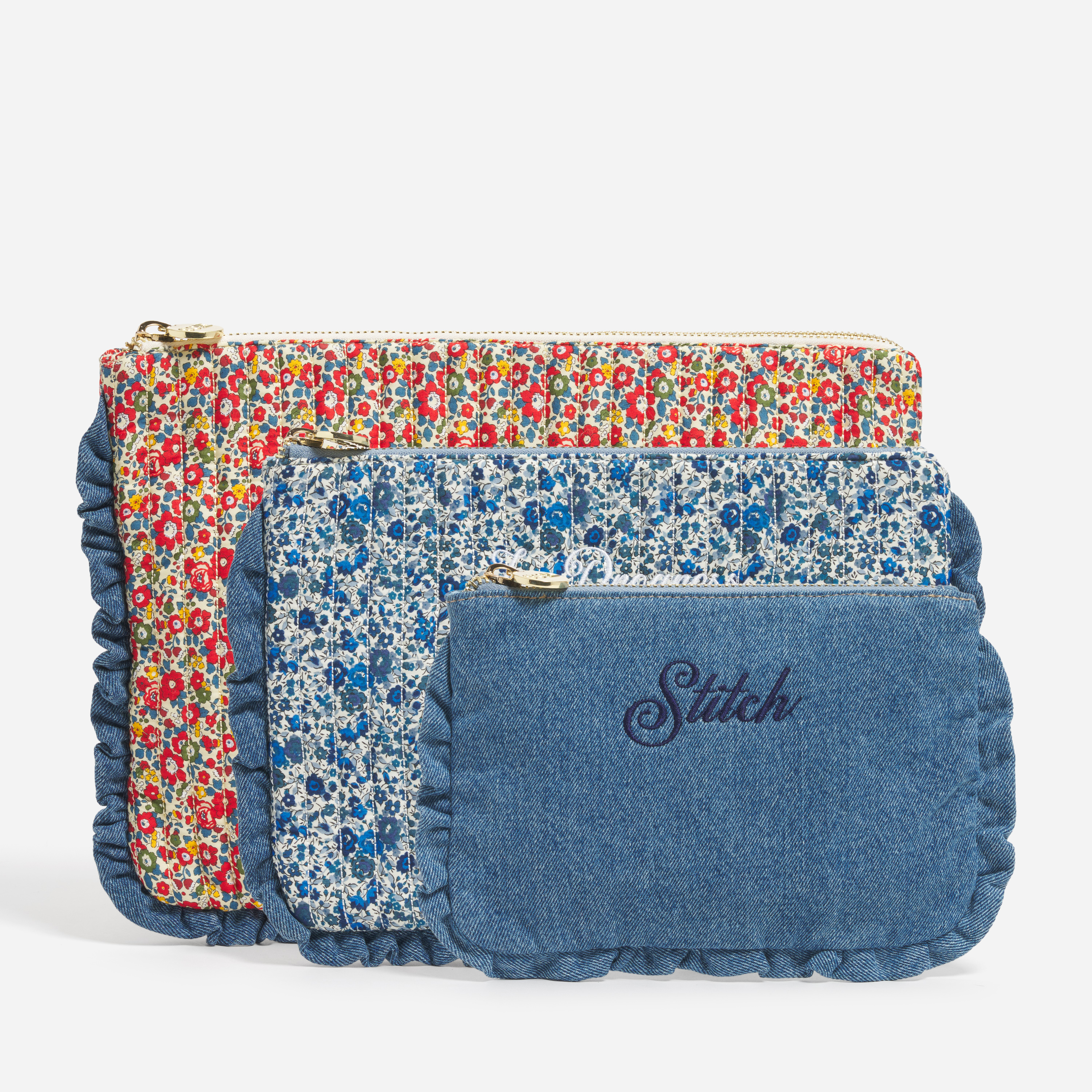 Custom Embroidered Flat Pouch Set Made with Liberty Fabric