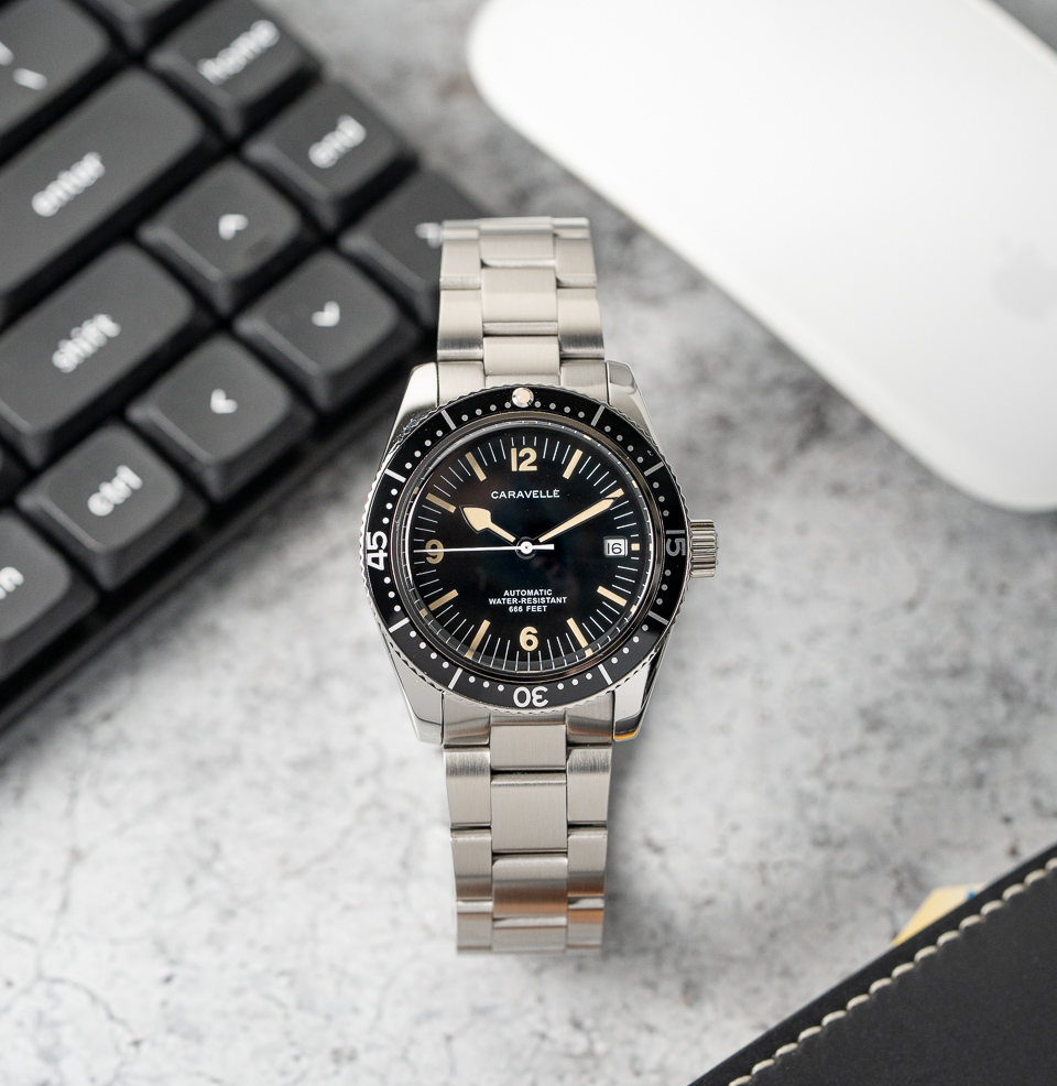 The Caravelle by Bulova Sea Hunter Diver Three-hand date layout