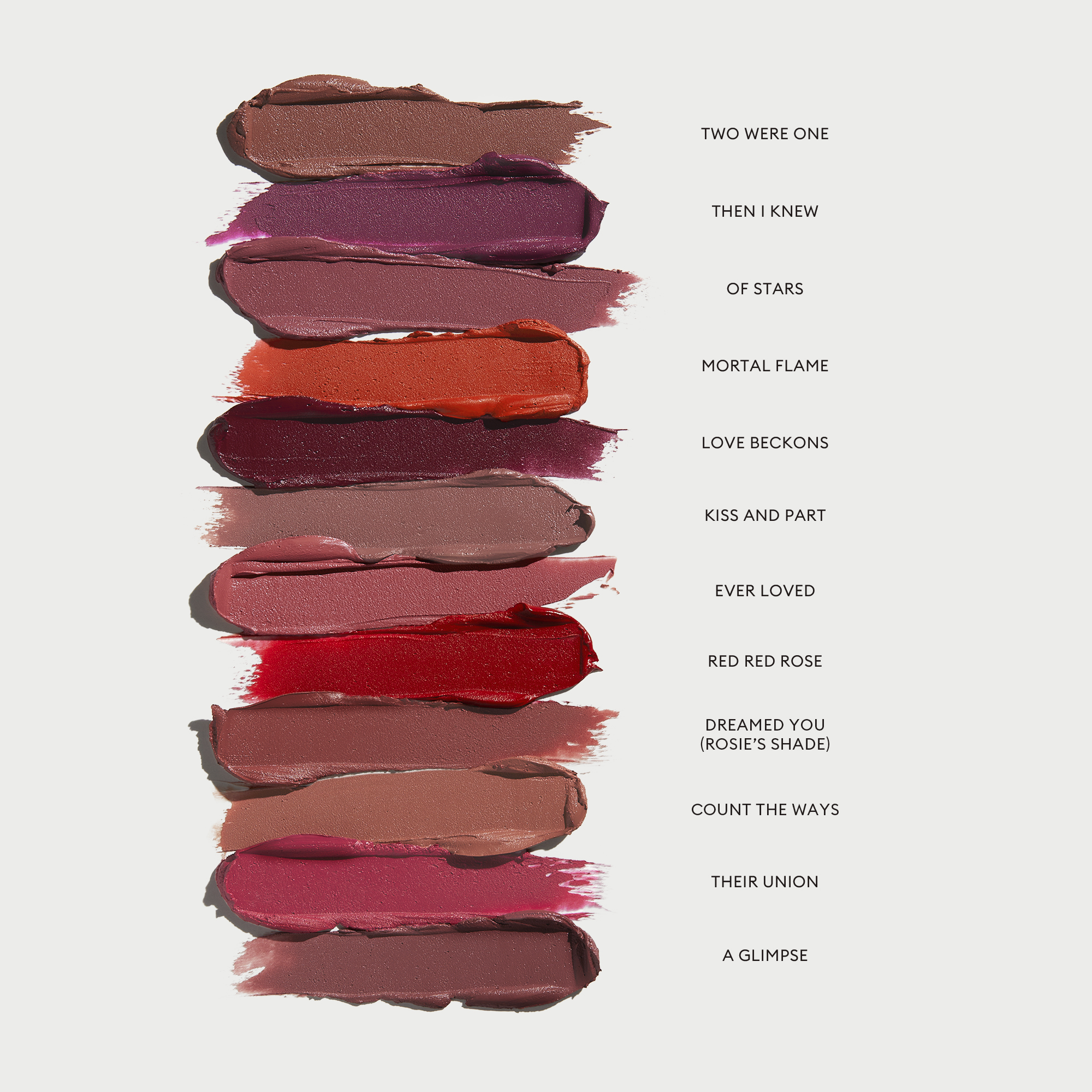 Swatches of all 12 shades of Lip Cream Weightless Matte Color.