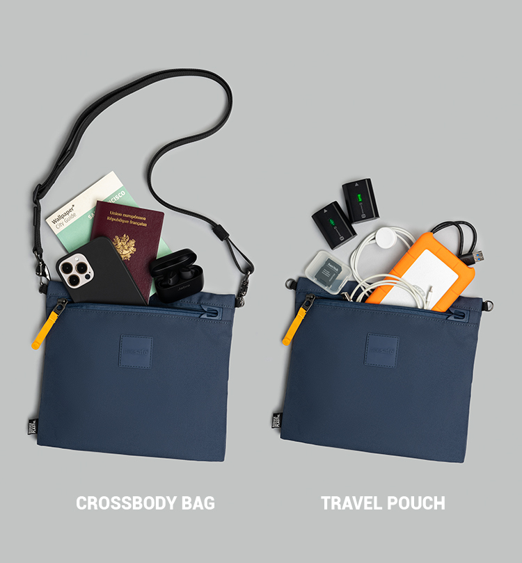 This versatile crossbody bag can convert into a travel pouch by simply removing the strap.