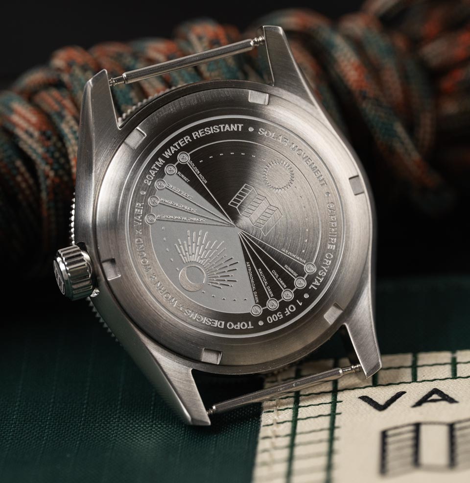 Vaer x Topo Designs x Worn & Wound Solar Hiker Preorder Special Case Back Engraving