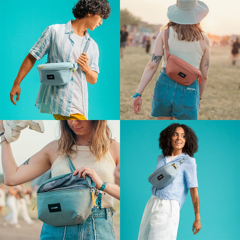 Male model wearing the sling pack on his side; Female model wearing the sling pack on her back; Female model accessing the bag; Female Model wearing the sling pack on the front.