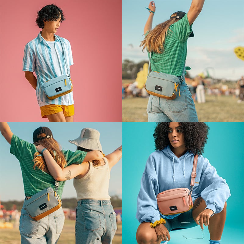 Male model carrying the Pacsafe Go Anti-Theft Crossbody Bag in the front; Female model carrying the Crossbody Bag on her back; Having lots of fun with friends with peace of mind; Female model carrying the crossbody in the front.