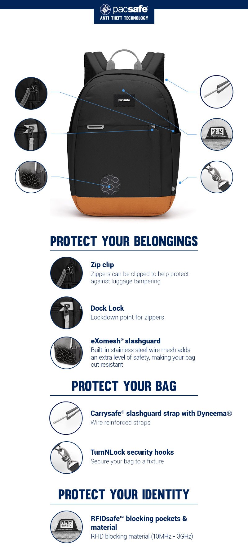 Protect Your Belongings - Zip Clip - Zippers can be clipped to help protect against luggage tempering.
Dock lock - Lock down point for zippers.
eXomesh slashguard - Built-in stainless steel wire mesh adds an extra level of safety, making your bag cut resistant.
Protect Your Bag - Carrysafe slashguard strap with Dyneema - wire reinforced straps.
TurnNLock security hooks - Secure your bag to a fixture.
Protect Your Identity - RFIDsafe blocking pockets & material - RFID blocking material (10 MHz - 3 GHz)