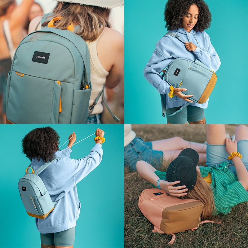 Female model wearing the Pacsafe Go 15L anti-theft backpack in Fresh Mint on her back; Female model carrying Pacsafe Go 15L anti-theft backpack in Fresh Mint on one shoulder; Female model carrying Pacsafe Go 15L anti-theft backpack in Fresh Mint on her back showing the right side of the bag; Female model sitting by the backpack in Rose