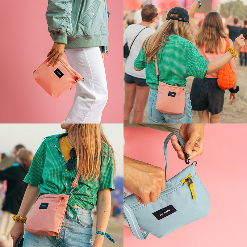 Model holding the Crossbody Pouch as Travel Pouch; Carrying as Crossbody on the back with group of friends; Model carrying crossbody in the front; Model removing the strap to convert the crossbody into travel pouch