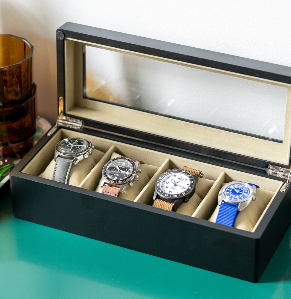 Bey-Berk International 4-Slot Watch Box Compact Desk Footprint.