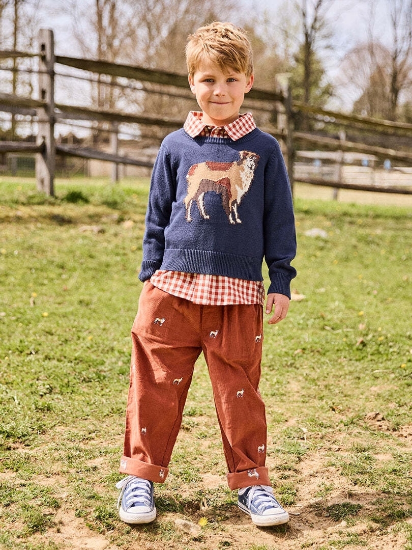 boy in dog sweater and corduroy pants