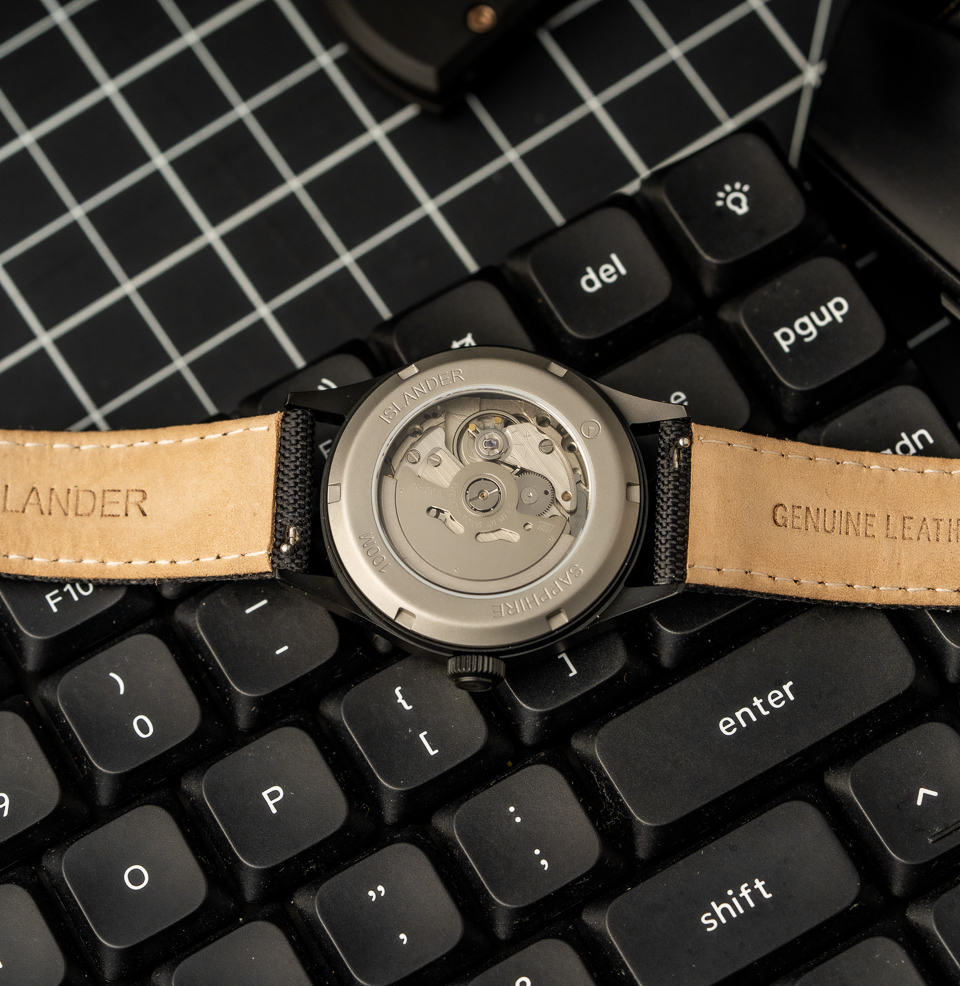 Islander Mitchel Black DLC Field Watch Exhibition Case Back