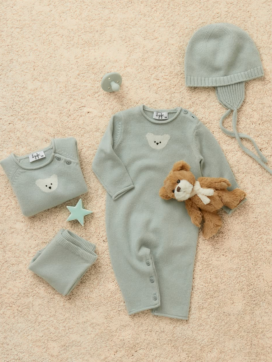 il gufo green bear onesie flatlay