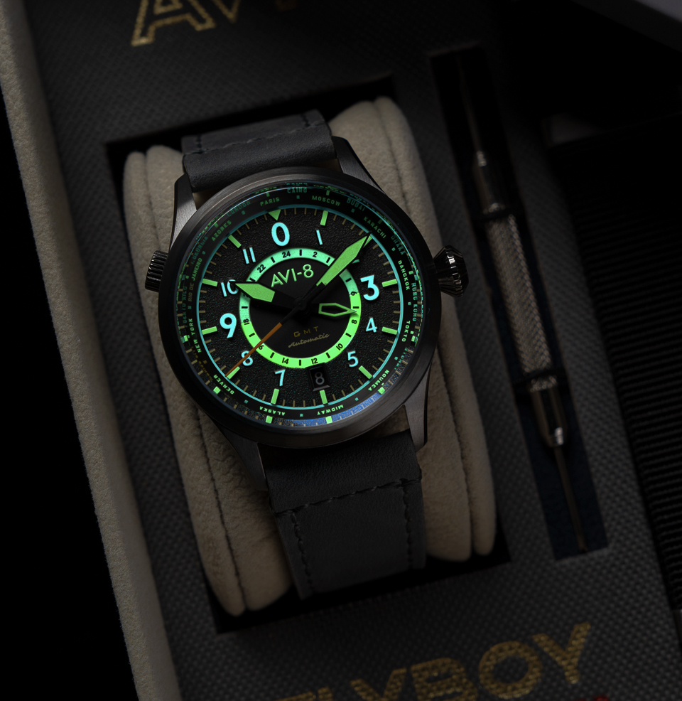 AVI-8 Flyboy Wingman Worldtimer GMT Automatic Tropical Grey Watch Swiss Super Luminova