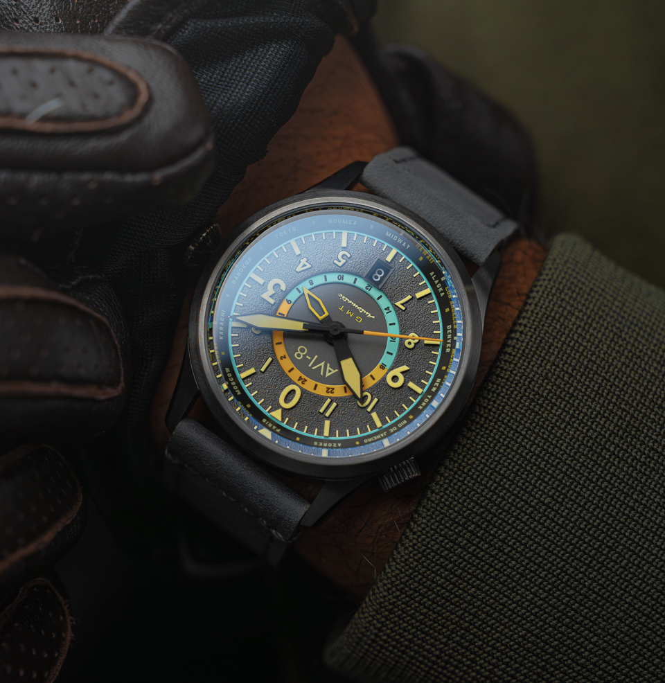 AVI-8 Flyboy Wingman Worldtimer GMT Automatic Tropical Grey Watch Balanced 41mm Profile