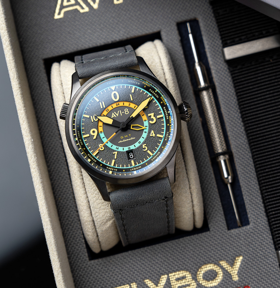 AVI-8 Flyboy Wingman Worldtimer GMT Automatic Tropical Grey Watch Multiple Straps