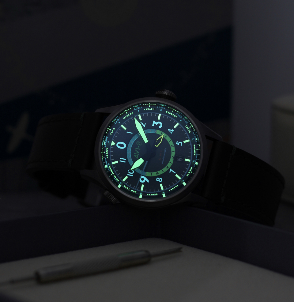AVI-8 Flyboy Wingman Worldtimer GMT Automatic Jungle Green Watch Swiss Super Luminova