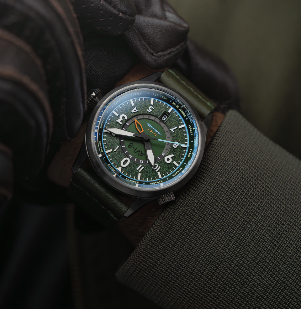 AVI-8 Flyboy Wingman Worldtimer GMT Automatic Jungle Green Watch Balanced 41mm Profile