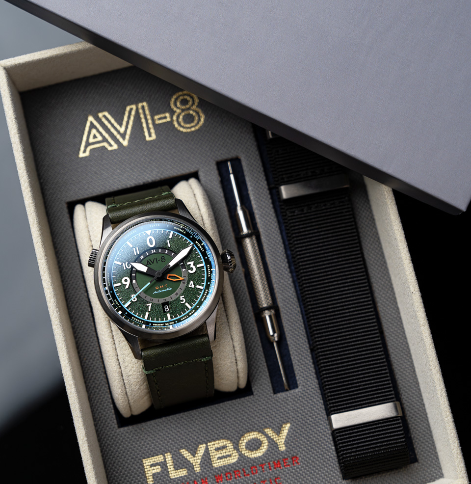 AVI-8 Flyboy Wingman Worldtimer GMT Automatic Jungle Green Watch Multiple Straps