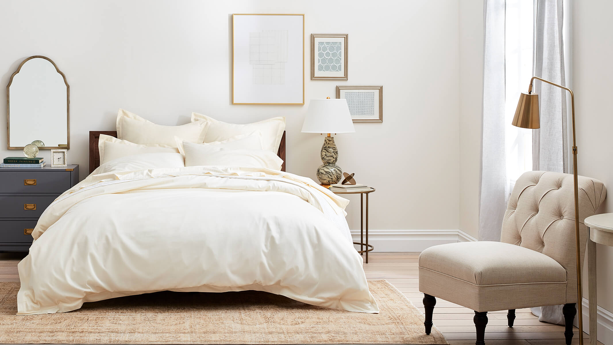 Bed Ivory Striped Sheet Set & Solid Hemmed Duvet Set image