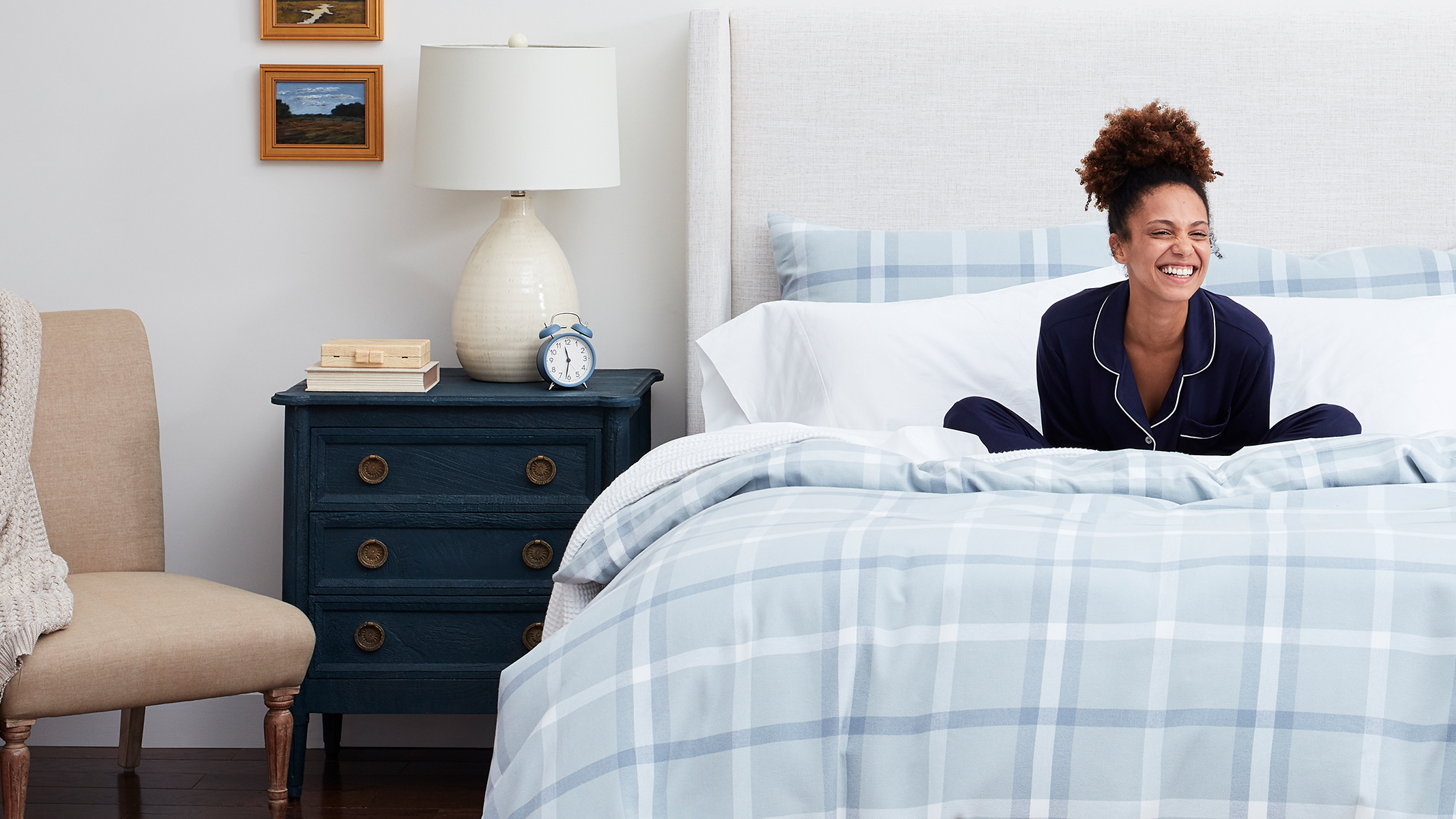 Bed with Shore Modern Plaid Flannel Duvet Set image