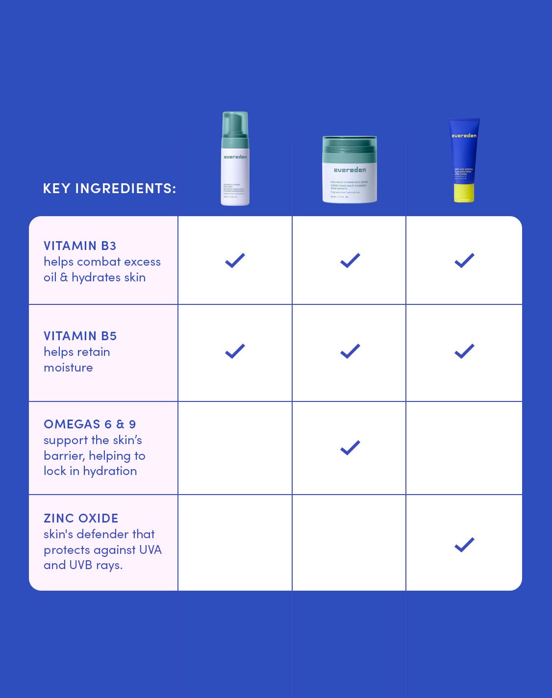 KEY INGREDIENTS:

Vitamin B3

Helps combat excess oil & hydrates skin

Vitamin B5

Helps retain moisture

Omegas 6 & 9

Support the skin's barrier, helping to lock in hydration

Zinc Oxide

Skin's defender that protects against UVA and UVB rays

Product ingredient comparison:

Kids Multi-Vitamin Face Wash: Vitamin B3 ✓, Vitamin B5 ✓
Kids Multi-Vitamin Face Cream: Vitamin B3 ✓, Vitamin B5 ✓, Omegas 6 & 9 ✓
Kids Mineral Sunscreen Lotion SPF30: Vitamin B3 ✓, Vitamin B5 ✓, Zinc Oxide ✓
