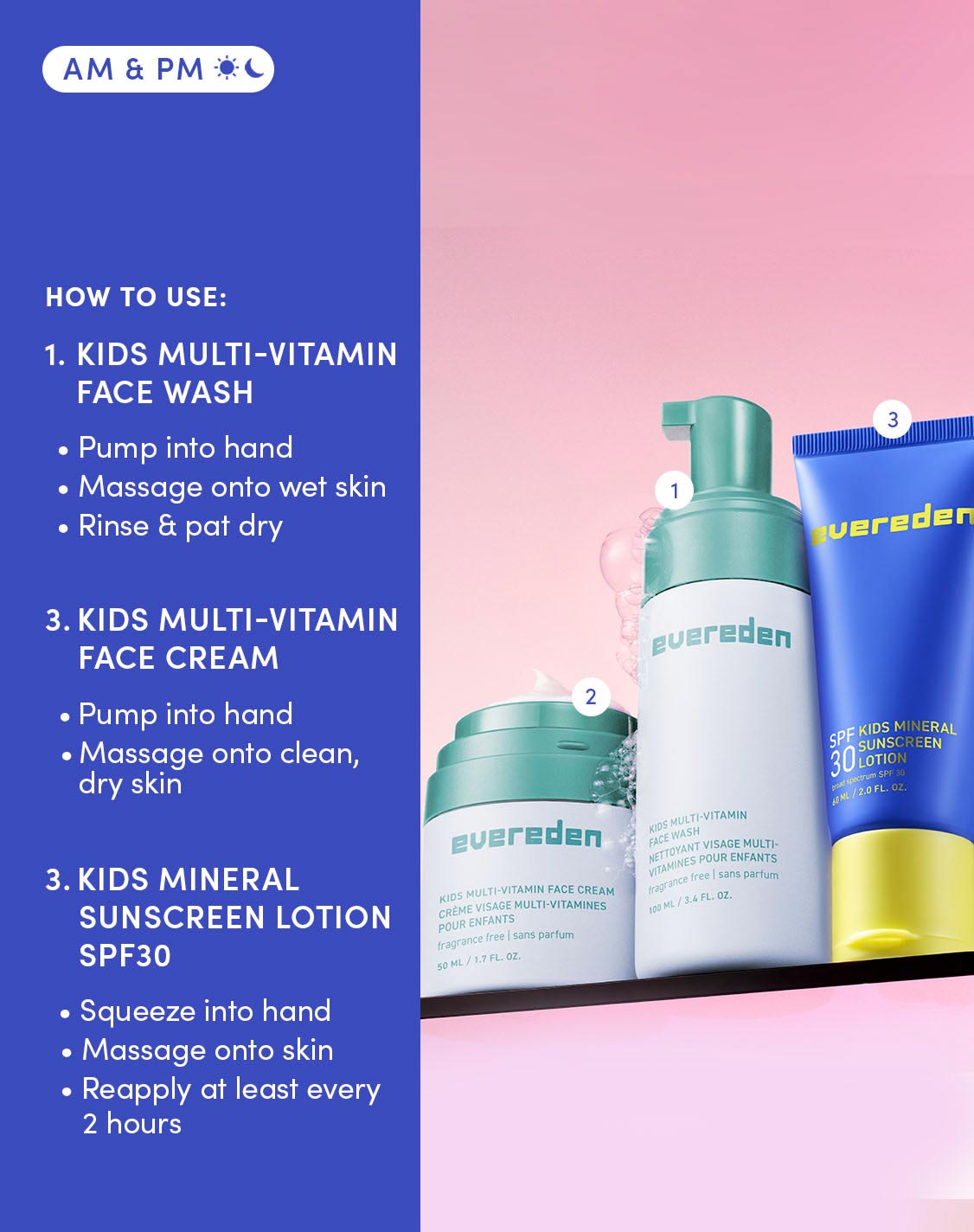 AM & PM

HOW TO USE:

1. KIDS MULTI-VITAMIN FACE WASH

Pump into hand
Massage onto wet skin
Rinse & pat dry

2. KIDS MULTI-VITAMIN FACE CREAM

Pump into hand
Massage onto clean, dry skin

3. KIDS MINERAL SUNSCREEN LOTION SPF30

Squeeze into hand
Massage onto skin
Reapply at least every 2 hours