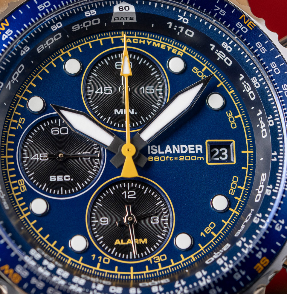 Islander Calverton Flight Chronograph Alarm Watch Blue Dial with Yellow Accents
