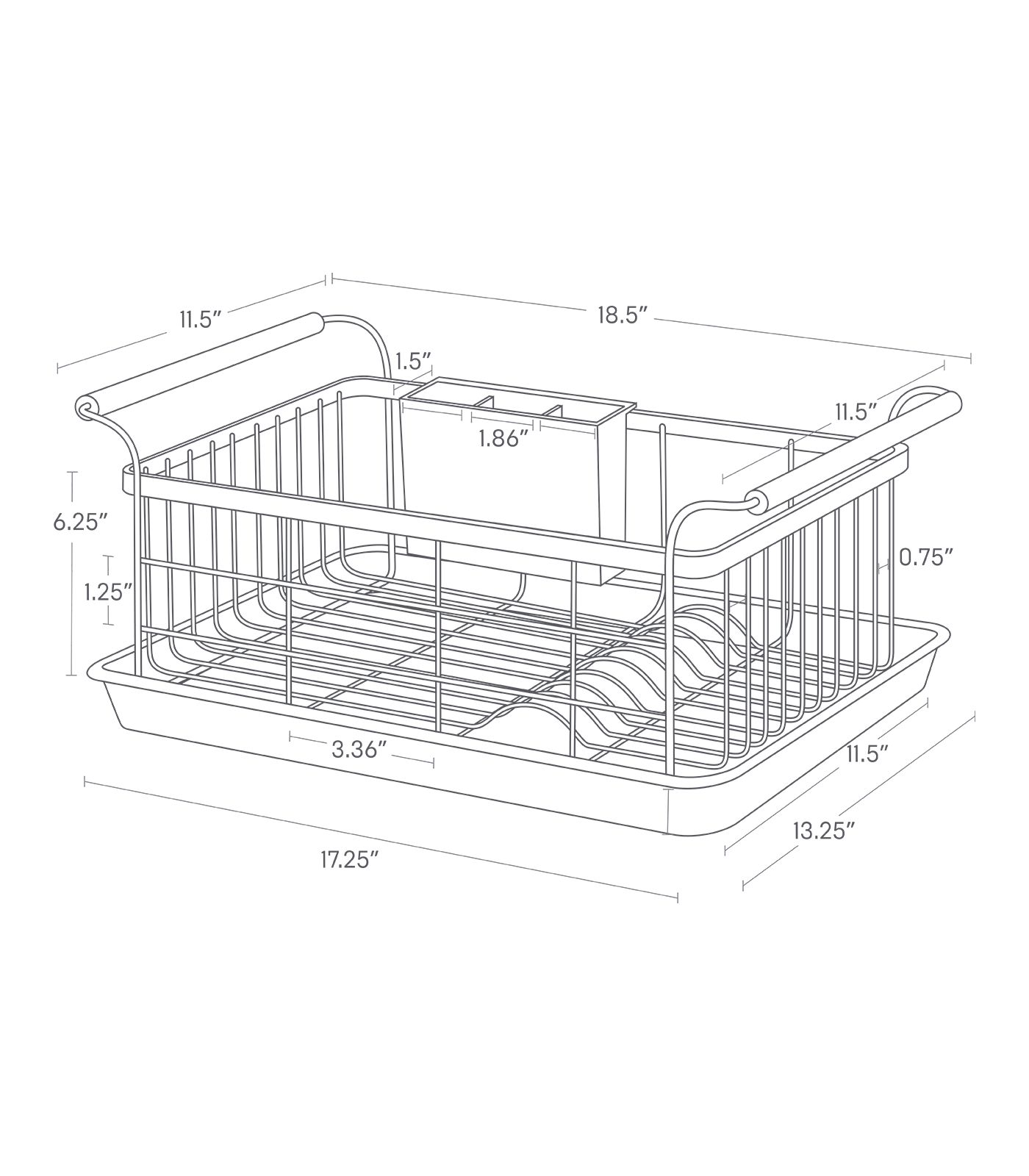Dimension image for Dish Rack on a white background showing total width of 18.5 inches, length of 11.5 inches, tray width of 17.25 inches, length of 13.25 inches at the top of the tray and 11.5 inches at the bottom of the tray, .75 inches between bars on the side length-wise, 3.36 inches between bars on the side width-wise, 1.25 inches between bars on the side height-wise, 6.25 inches between the top of the tray and top of the rack, 1.86 inches width of each compartment in the utensil holder, and 1.5 inches length of the utensil holder.