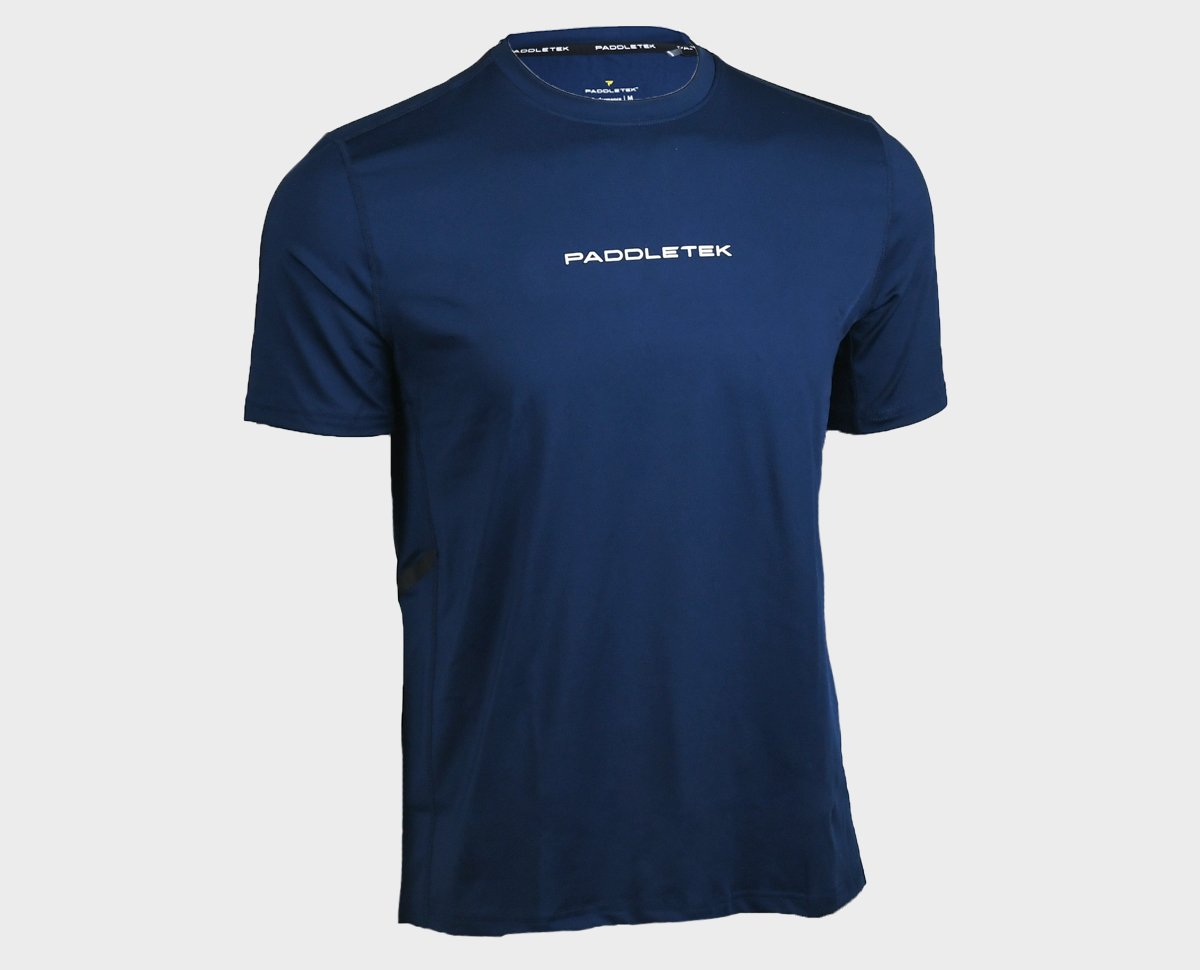 Front view of Men's performance short sleeve tee in blue - extra large size
