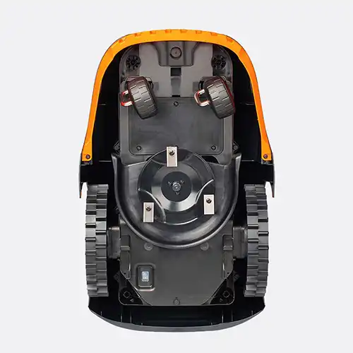 Underside of robotic lawnmower from LawnMaster to see 3 pivoting blades