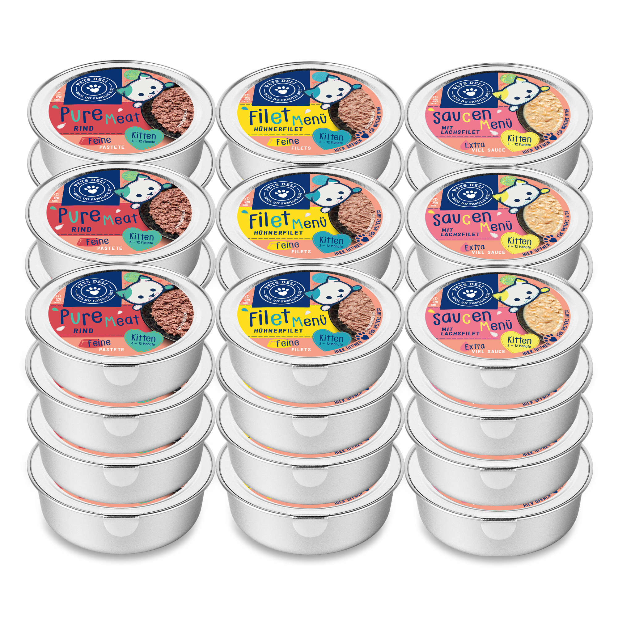 Junior Katzenfutter nass - Vorratspaket - Rind, Geflügel, Lachs- und Hühnerfilet - Kittenfutter - getreidefrei, zuckerfrei - 3060g von Pets Deli