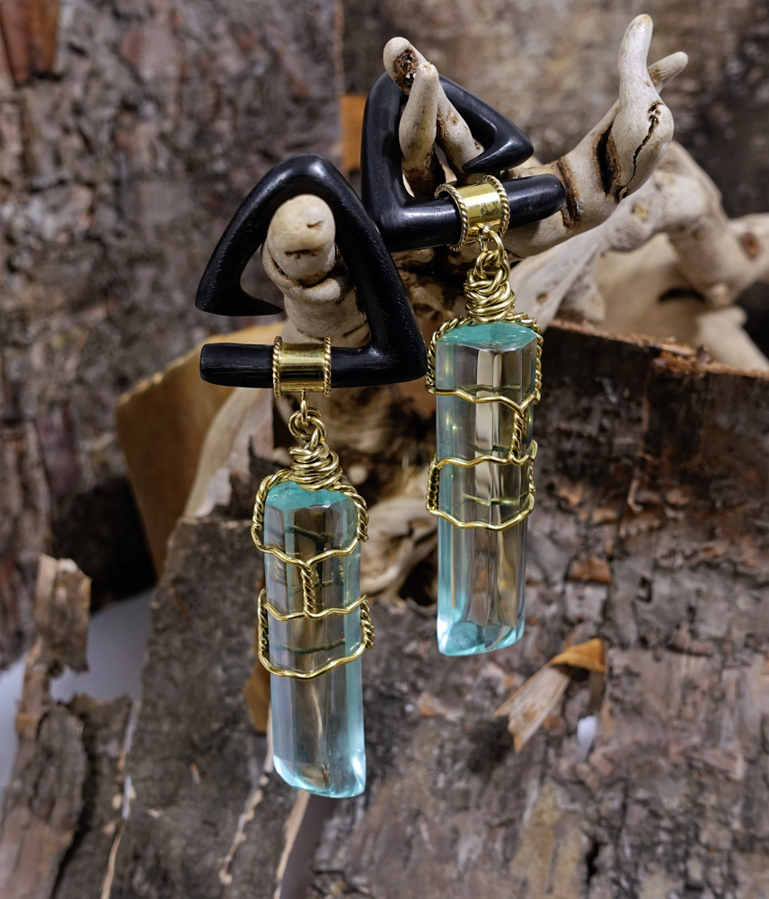 Aqua Prism Earweights - Plugs, Gauges, Ear Plugs, Custom Plugs Aqua - Wood & Glass Ear Weights (Pair)