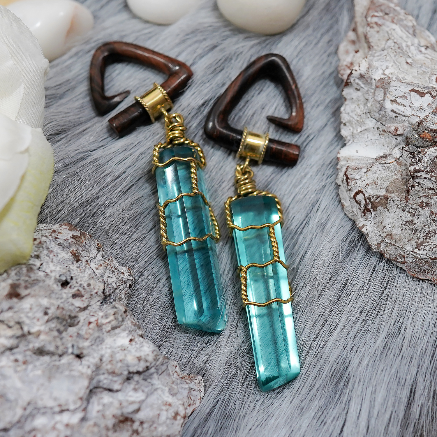Aqua Prism Earweights - Plugs, Gauges, Ear Plugs, Custom Plugs Aqua - Wood & Glass Ear Weights (Pair)