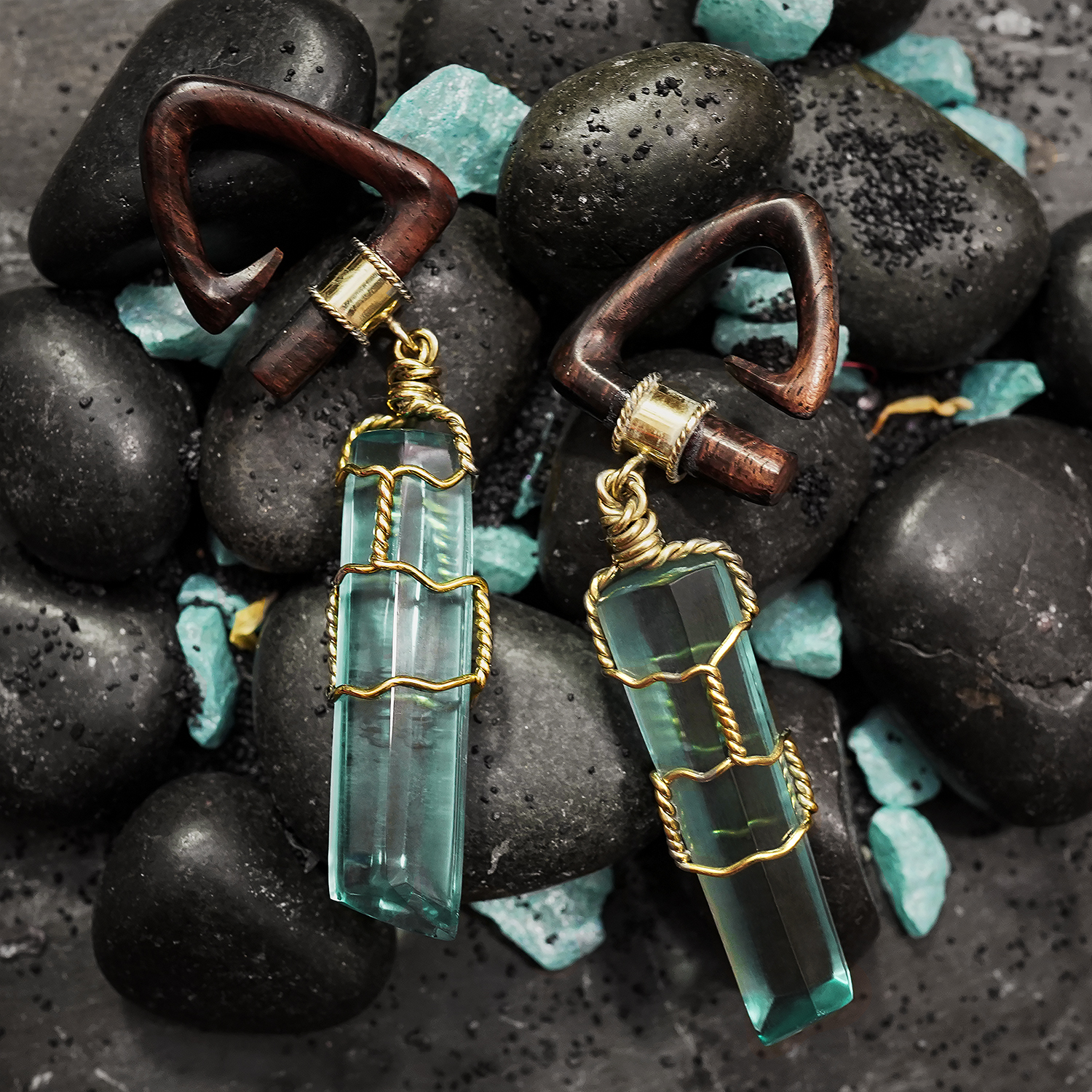 Aqua Prism Earweights - Plugs, Gauges, Ear Plugs, Custom Plugs Aqua - Wood & Glass Ear Weights (Pair)