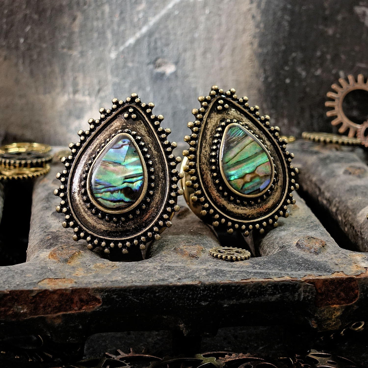 Unique  Brass Abalone Teardrop Plug - Metal Plug / Gauge