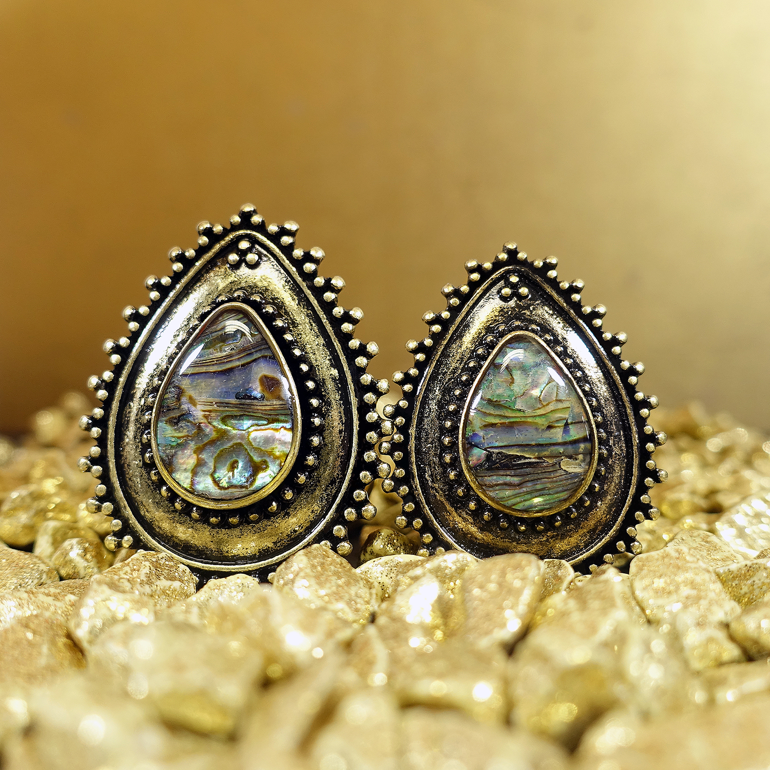 Elegant  Brass Abalone Teardrop Plug - Metal Plug / Gauge