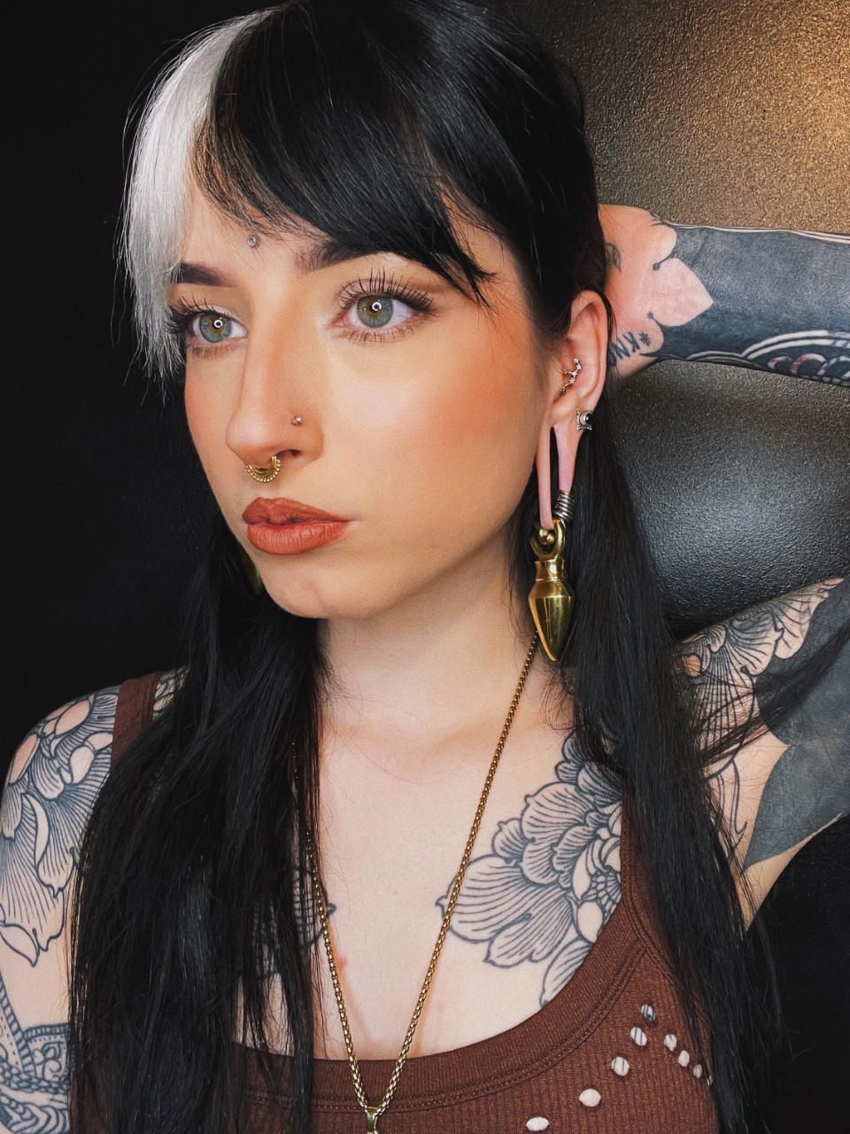 girl wearing emo  Pyramid - Brass Ear Weights (Pair)