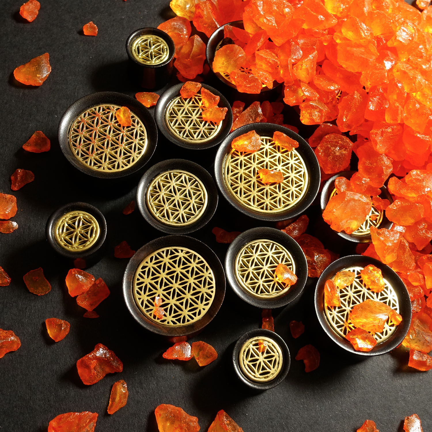 Cool  Brass Flower Of Life  Wood Ear Plug / Gauge