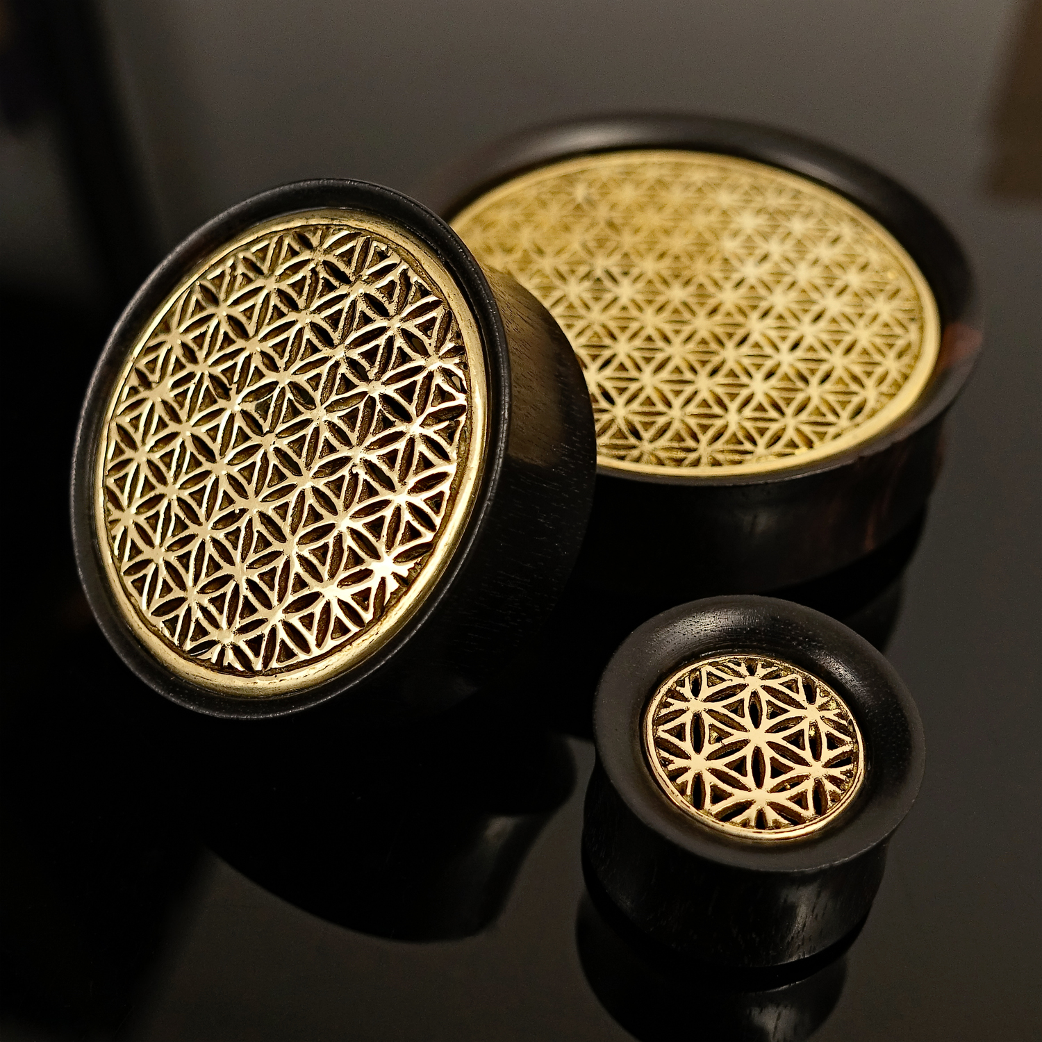 Unique  Brass Flower Of Life  Wood Ear Plug / Gauge