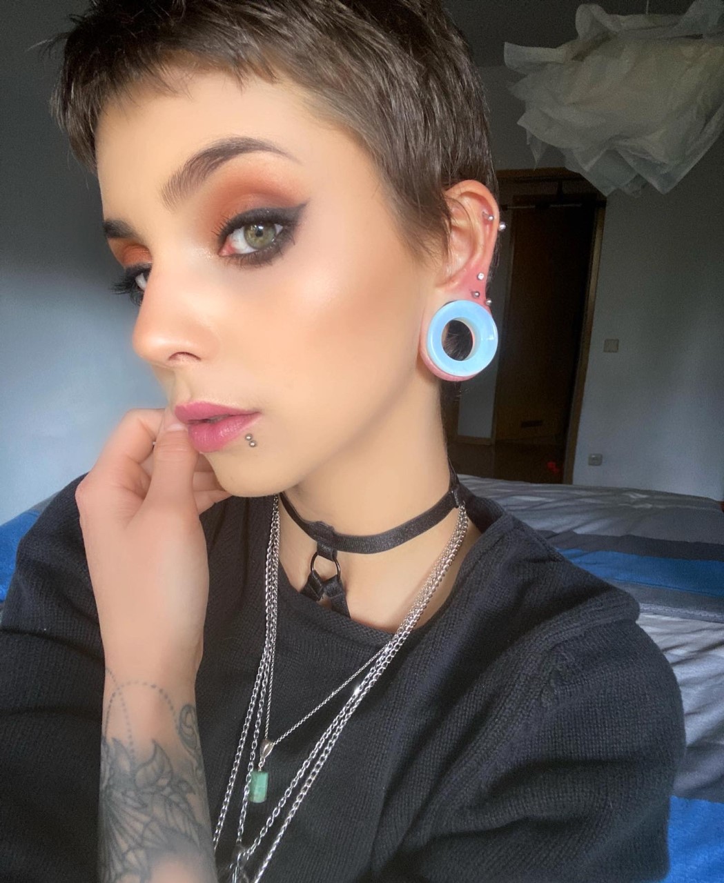 Women wearing big  Opalite Glass Ear Tunnel