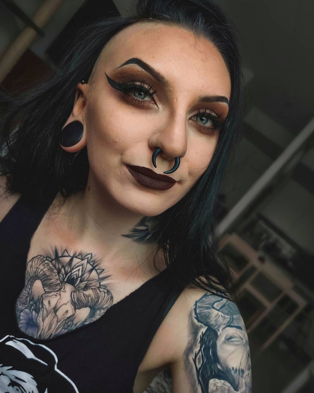 Women wearing goth  Black Ebony Convex Wood Ear Plug / Gauge