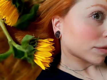 Girl wearing cute  Teardrop Amethyst Stone Plug / Gauge
