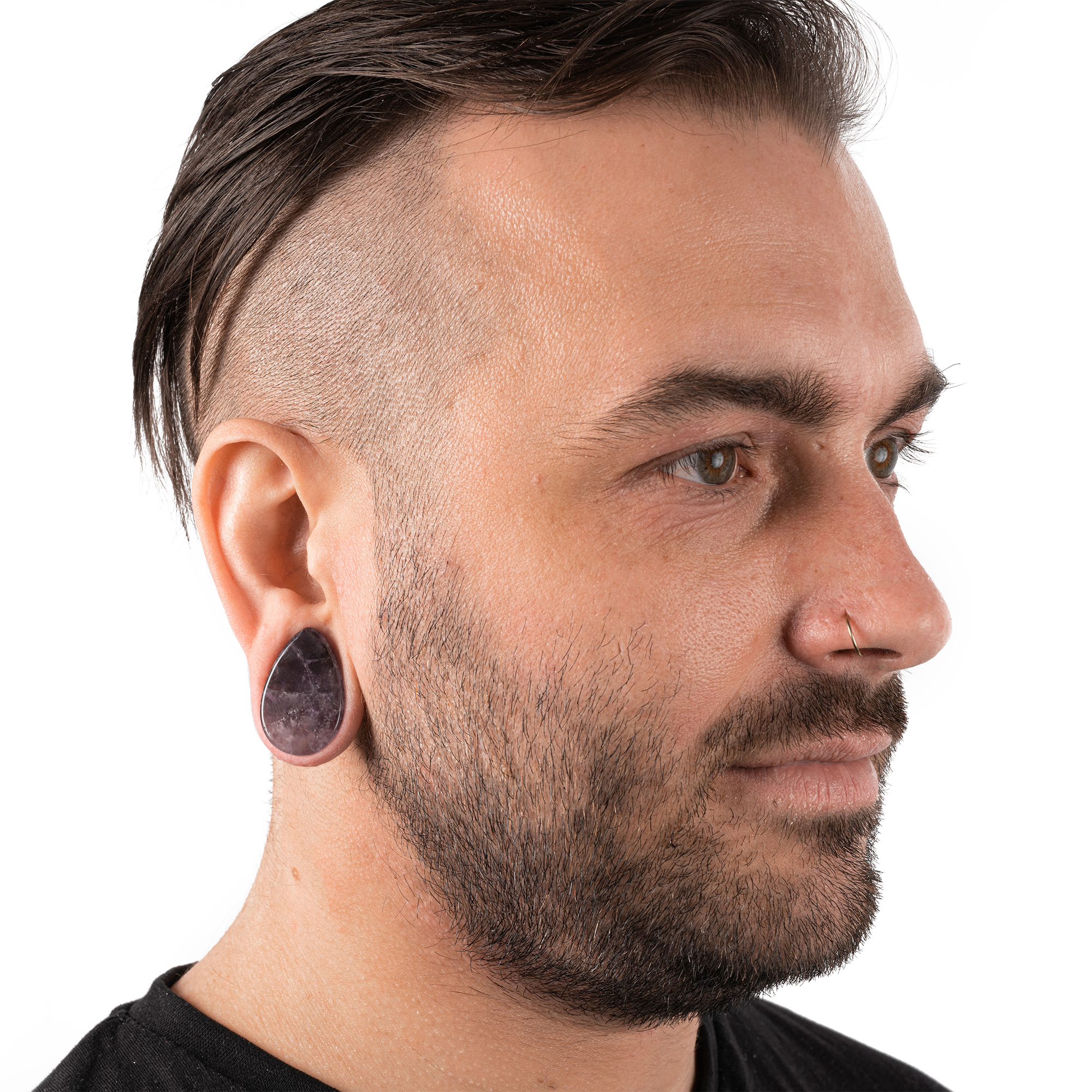 Male wearing large  Teardrop Amethyst Stone Plug / Gauge