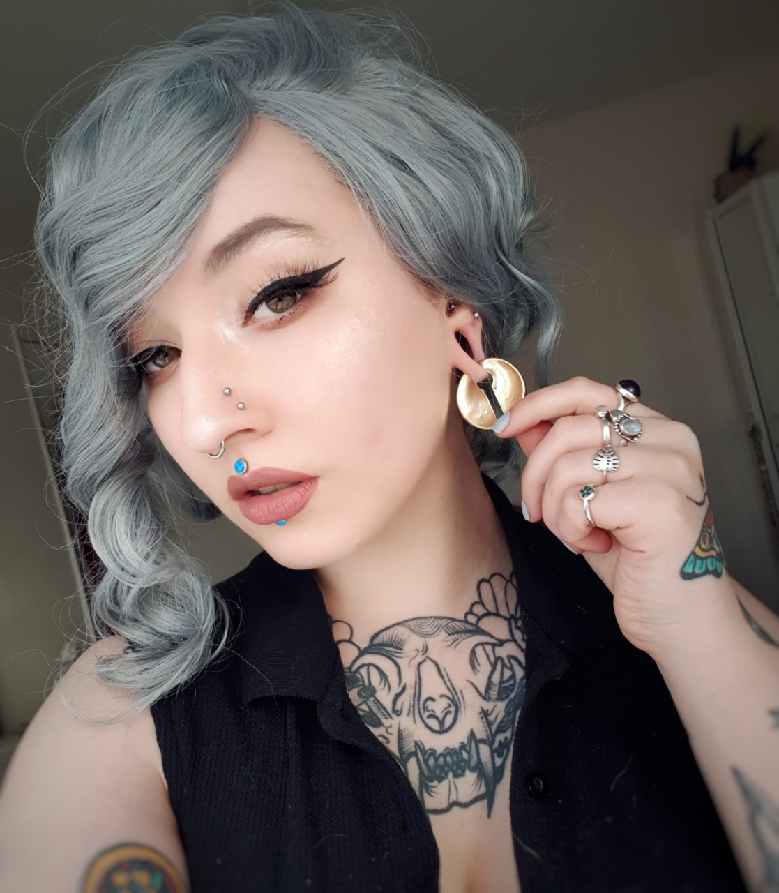 Alternative girl wearing nice  Circle Keyhole - Brass Ear Weights (Pair)